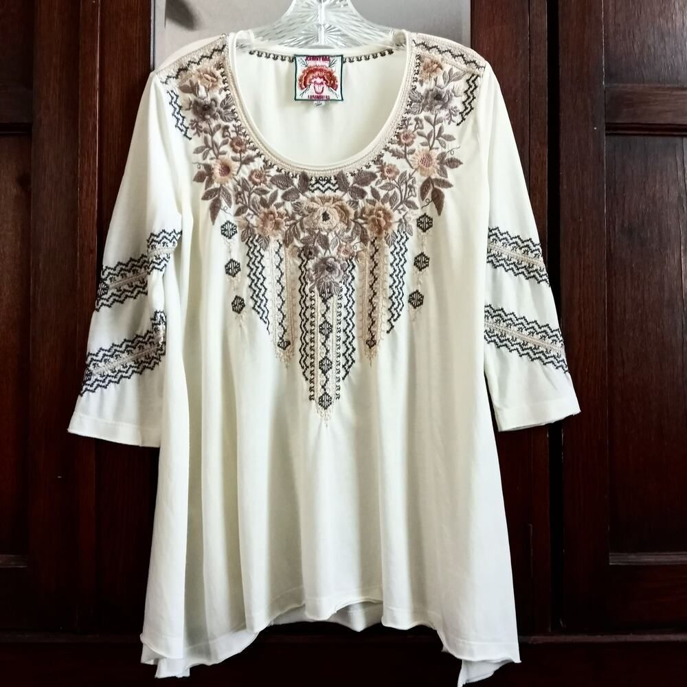 Johnny Was Embroidered Tunic Top Earth Tones Floral SZ XS High Low Jersey Knit